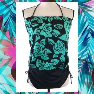 Vintage 80s Avon Fashions Green Black Hawaiian Floral One Piece Swim Suit Halter